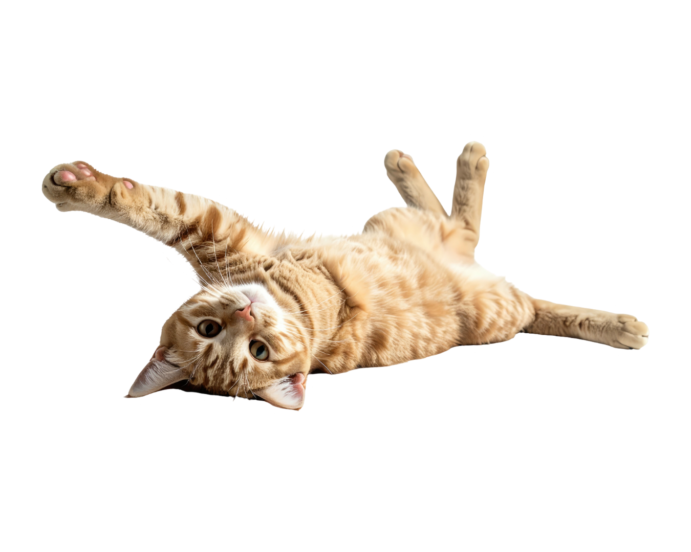Orange tabby cat lying on its back with paws in the air, die-cut sticker style